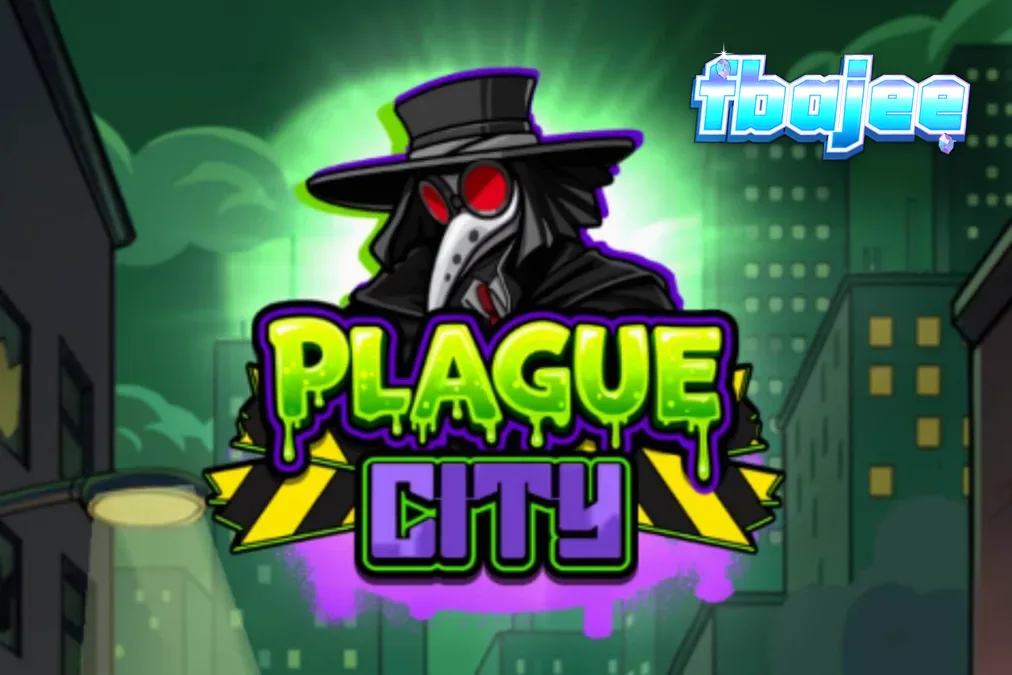A masked scientist standing in a neon-lit, virus-ridden city street in the Plague City slot.